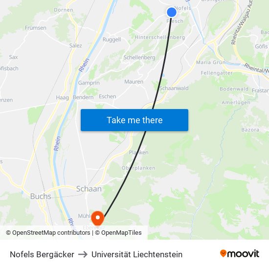 Nofels Bergäcker to Universität Liechtenstein map