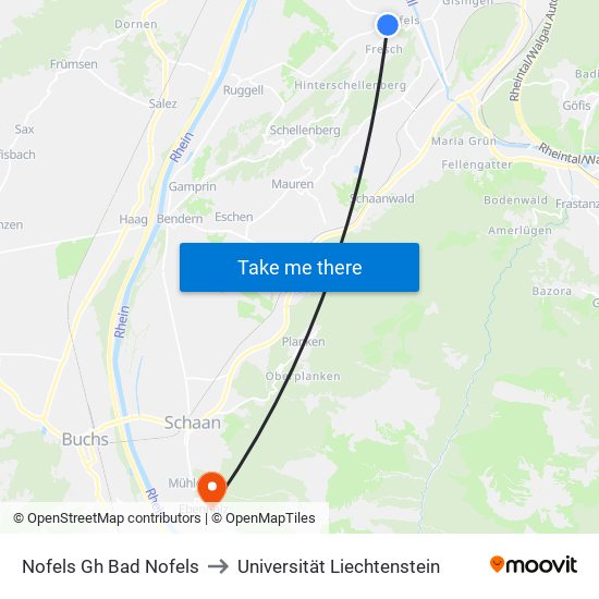 Nofels Gh Bad Nofels to Universität Liechtenstein map