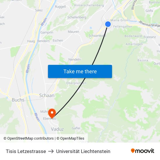 Tisis Letzestrasse to Universität Liechtenstein map