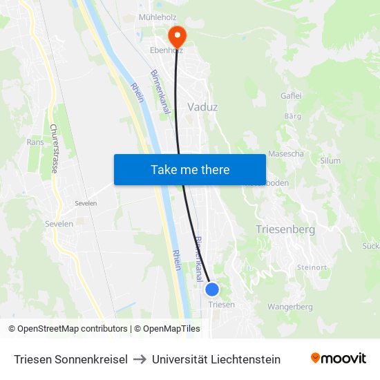 Triesen Sonnenkreisel to Universität Liechtenstein map