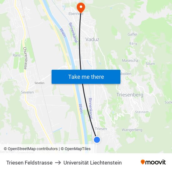 Triesen Feldstrasse to Universität Liechtenstein map