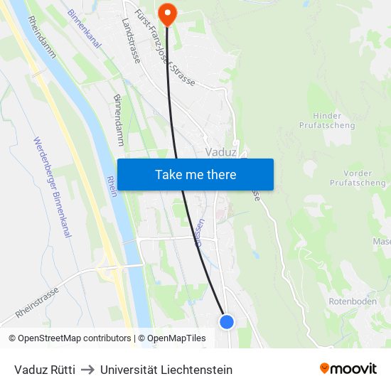 Vaduz Rütti to Universität Liechtenstein map