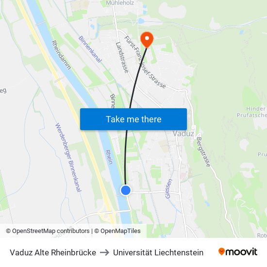 Vaduz Alte Rheinbrücke to Universität Liechtenstein map