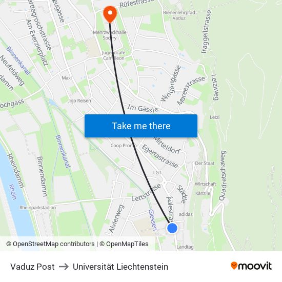 Vaduz Post to Universität Liechtenstein map