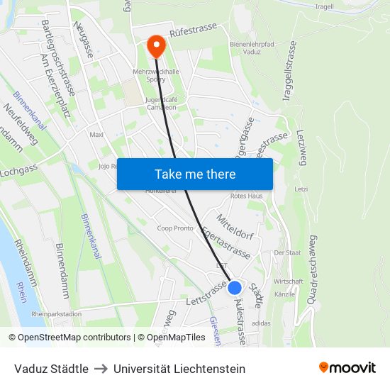 Vaduz Städtle to Universität Liechtenstein map