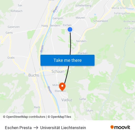 Eschen Presta to Universität Liechtenstein map