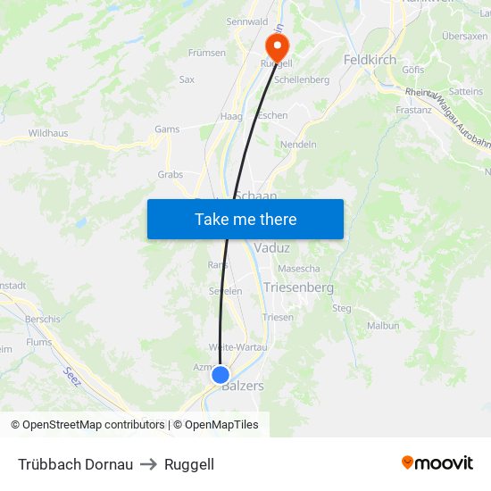 Trübbach Dornau to Ruggell map