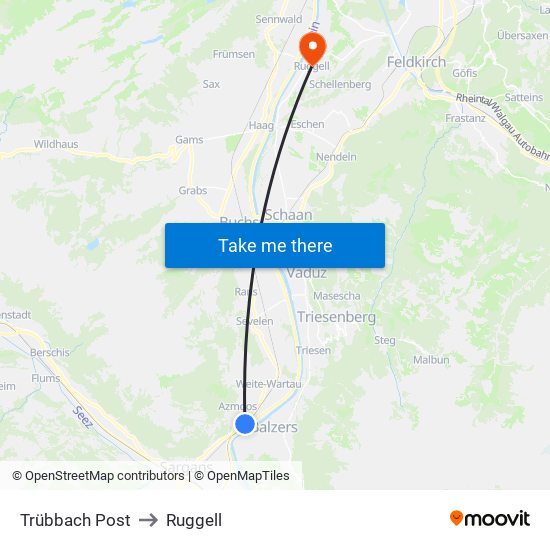 Trübbach Post to Ruggell map