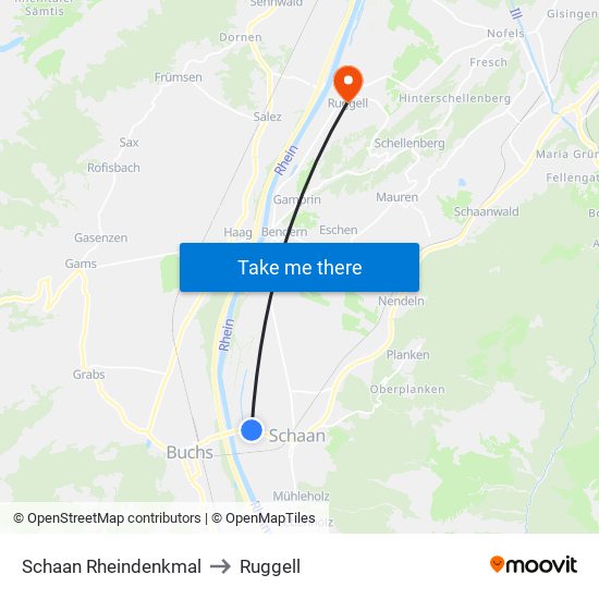 Schaan Rheindenkmal to Ruggell map