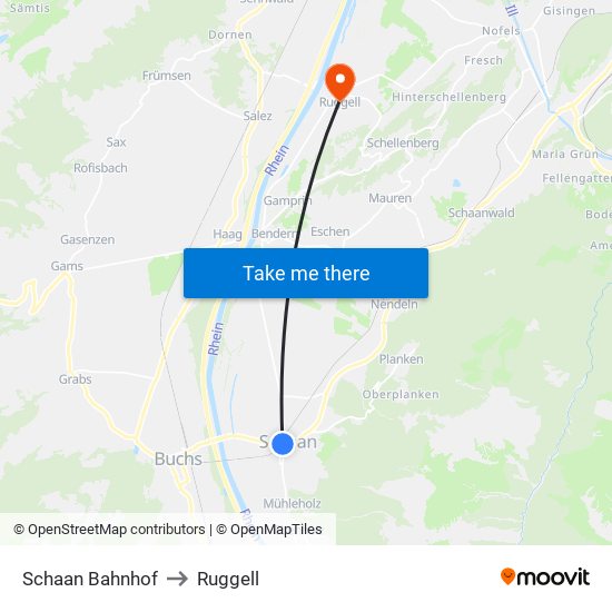 Schaan Bahnhof to Ruggell map