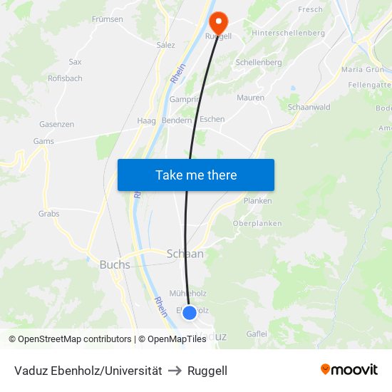 Vaduz Ebenholz/Universität to Ruggell map