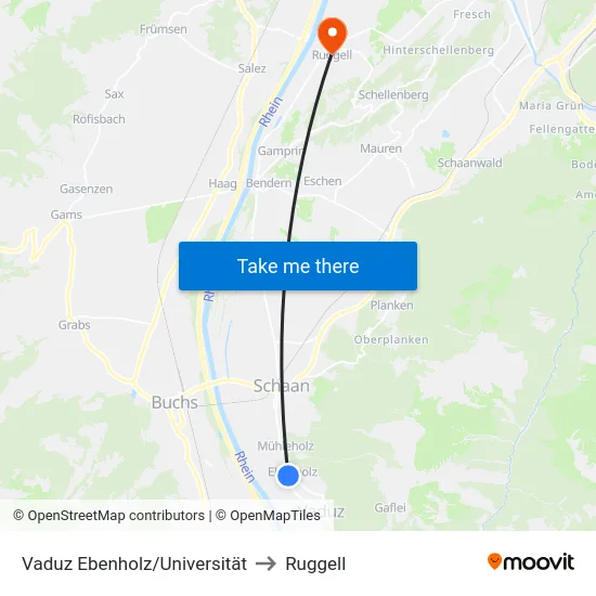 Vaduz Ebenholz/Universität to Ruggell map