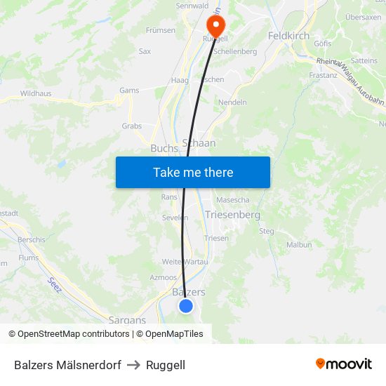 Balzers Mälsnerdorf to Ruggell map