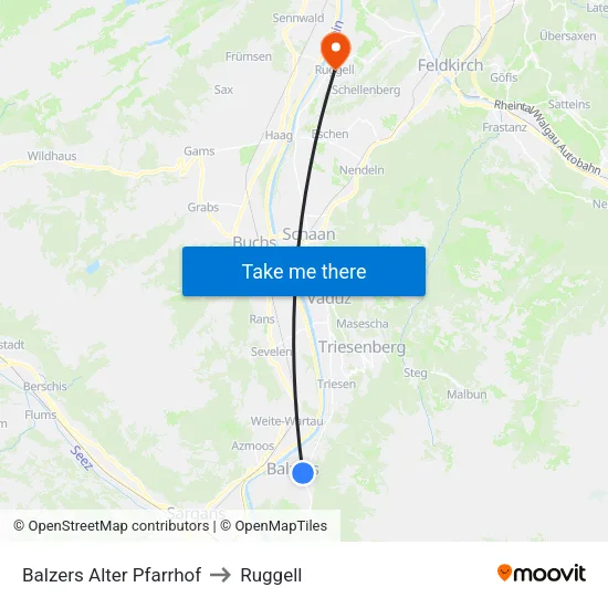 Balzers Alter Pfarrhof to Ruggell map
