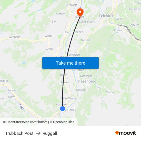 Trübbach Post to Ruggell map