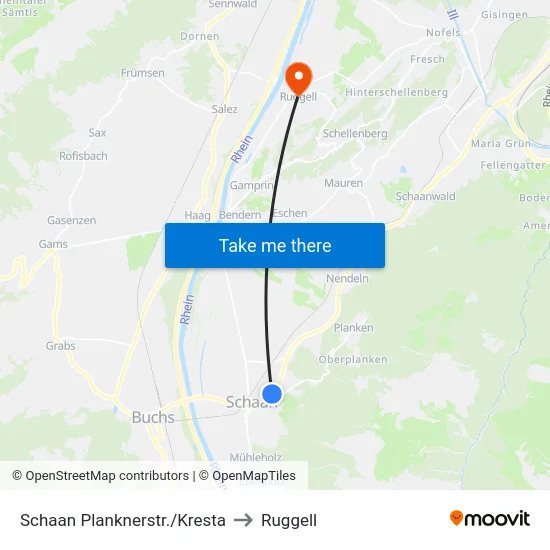 Schaan Planknerstr./Kresta to Ruggell map