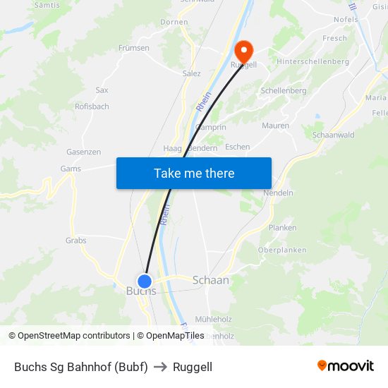 Buchs Sg Bahnhof (Bubf) to Ruggell map