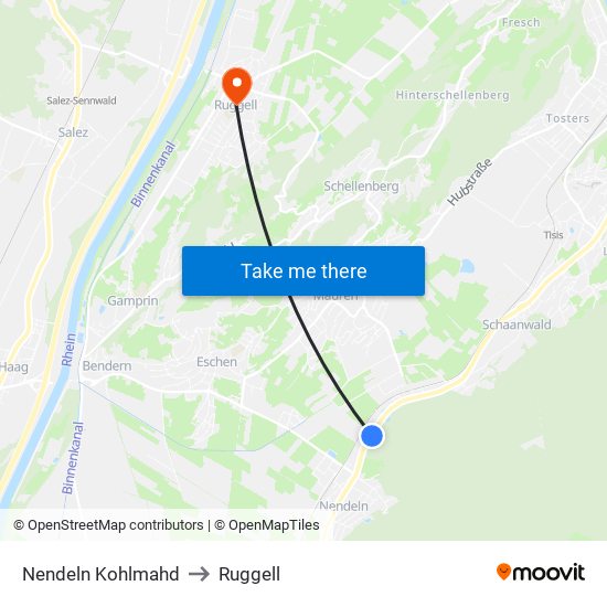 Nendeln Kohlmahd to Ruggell map