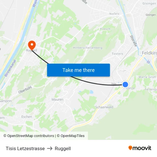 Tisis Letzestrasse to Ruggell map