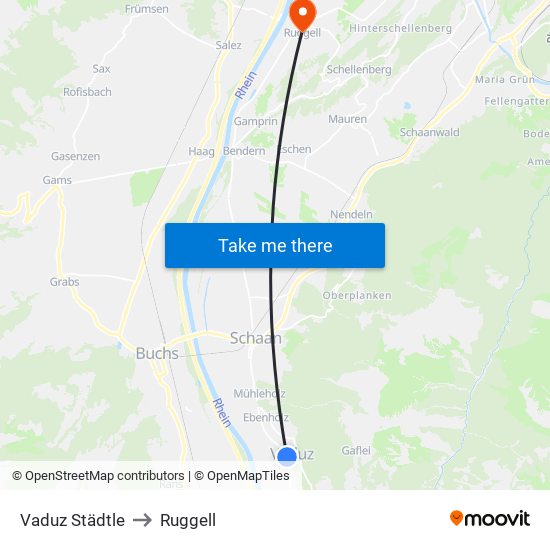 Vaduz Städtle to Ruggell map