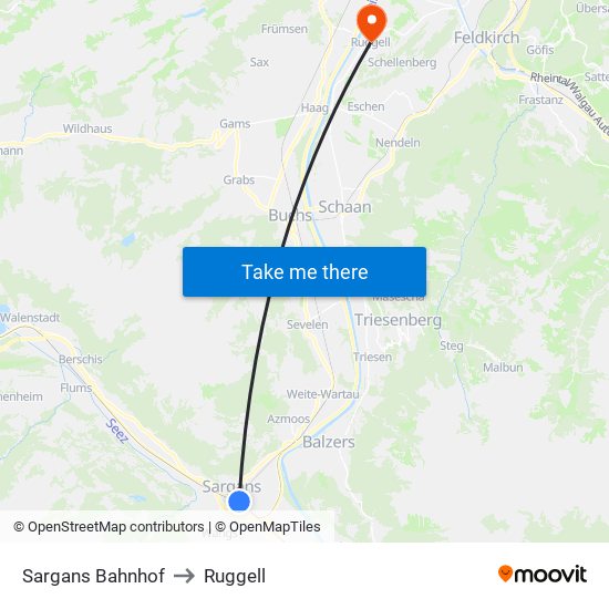 Sargans Bahnhof to Ruggell map