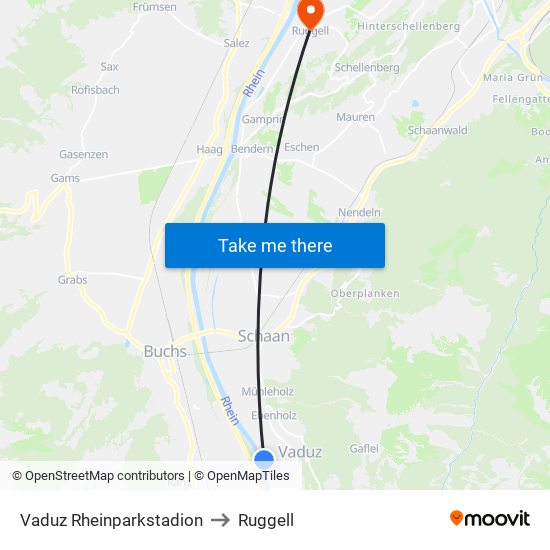 Vaduz Rheinparkstadion to Ruggell map
