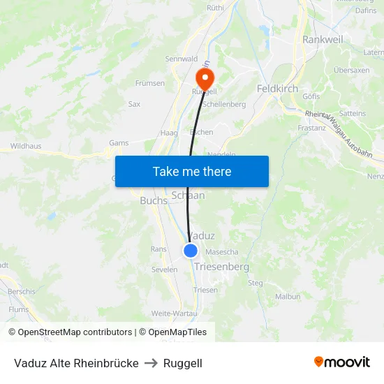 Vaduz Alte Rheinbrücke to Ruggell map