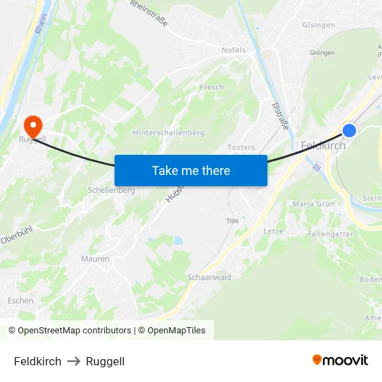 Feldkirch to Ruggell map