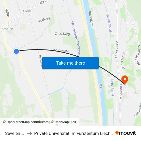 Sevelen Büeli to Private Universität Im Fürstentum Liechtenstein (Ufl) map