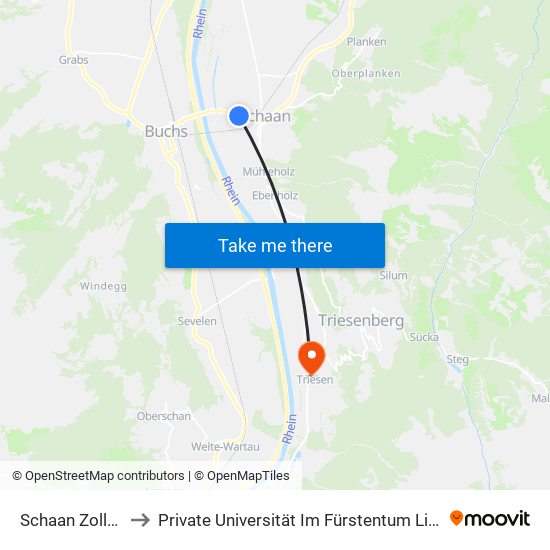 Schaan Zollstrasse to Private Universität Im Fürstentum Liechtenstein (Ufl) map