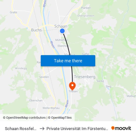 Schaan Rossfeld/Obergass to Private Universität Im Fürstentum Liechtenstein (Ufl) map