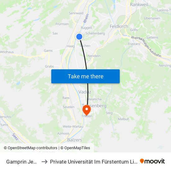 Gamprin Jedergass to Private Universität Im Fürstentum Liechtenstein (Ufl) map