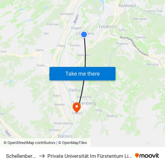 Schellenberg Klenn to Private Universität Im Fürstentum Liechtenstein (Ufl) map