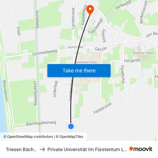 Triesen Bächlegatter to Private Universität Im Fürstentum Liechtenstein (Ufl) map