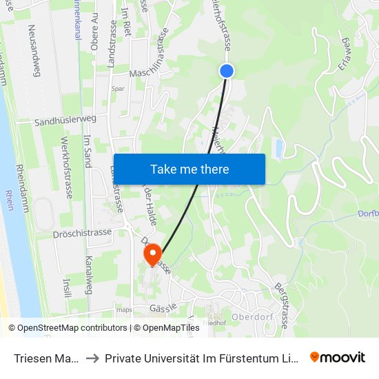 Triesen Matschils to Private Universität Im Fürstentum Liechtenstein (Ufl) map