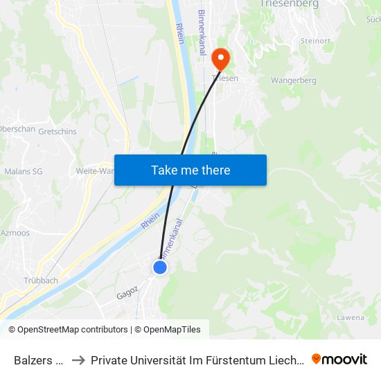 Balzers Roxy to Private Universität Im Fürstentum Liechtenstein (Ufl) map