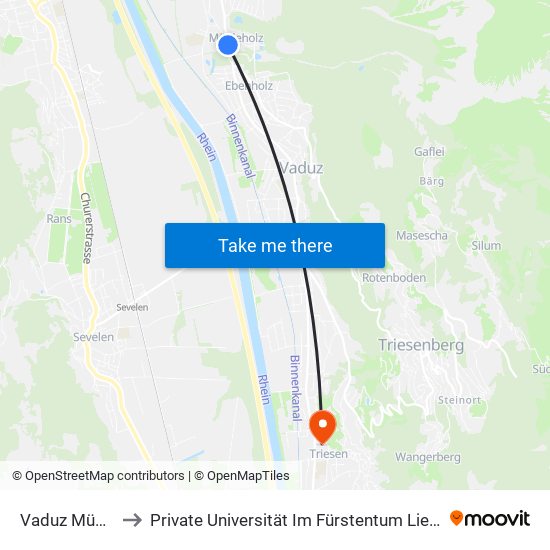 Vaduz Mühleholz to Private Universität Im Fürstentum Liechtenstein (Ufl) map