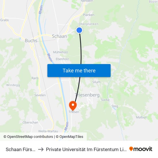 Schaan Fürstenweg to Private Universität Im Fürstentum Liechtenstein (Ufl) map