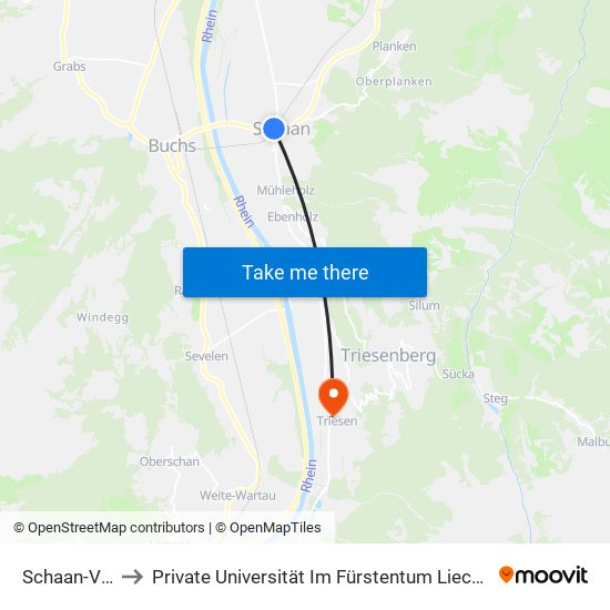 Schaan-Vaduz to Private Universität Im Fürstentum Liechtenstein (Ufl) map