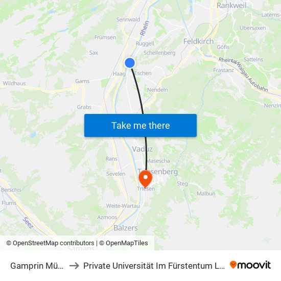 Gamprin Mühlegass to Private Universität Im Fürstentum Liechtenstein (Ufl) map