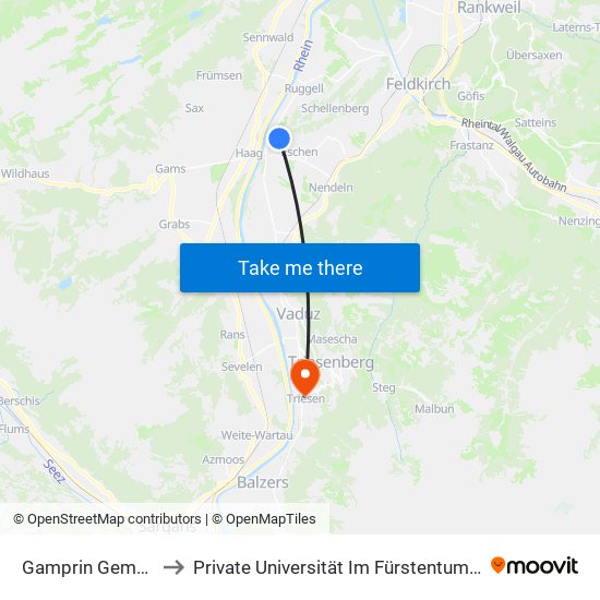 Gamprin Gemeindehaus to Private Universität Im Fürstentum Liechtenstein (Ufl) map