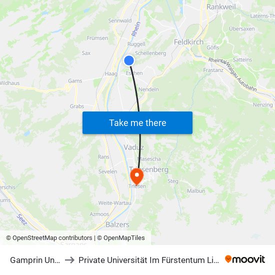 Gamprin Unterbühl to Private Universität Im Fürstentum Liechtenstein (Ufl) map