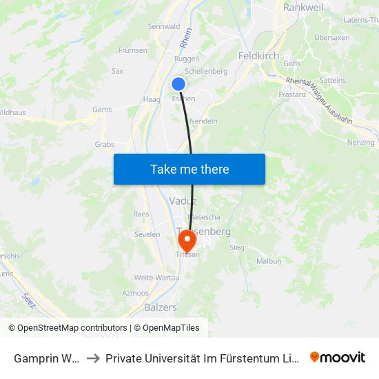 Gamprin Waldeck to Private Universität Im Fürstentum Liechtenstein (Ufl) map