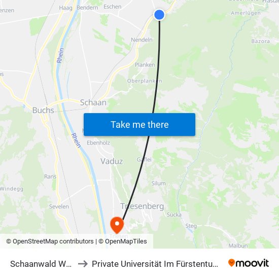 Schaanwald Waldstrasse to Private Universität Im Fürstentum Liechtenstein (Ufl) map