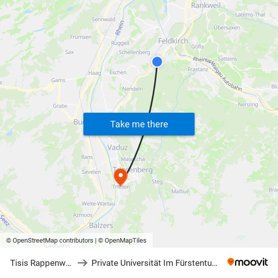 Tisis Rappenwaldstrasse to Private Universität Im Fürstentum Liechtenstein (Ufl) map