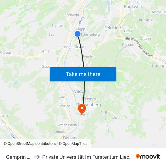 Gamprin Badäl to Private Universität Im Fürstentum Liechtenstein (Ufl) map