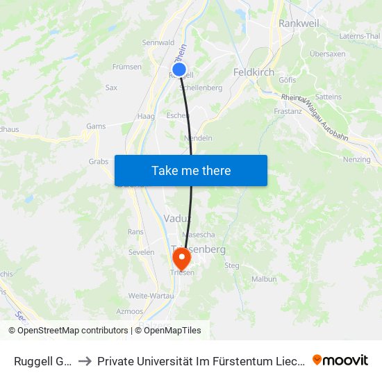 Ruggell Giessa to Private Universität Im Fürstentum Liechtenstein (Ufl) map