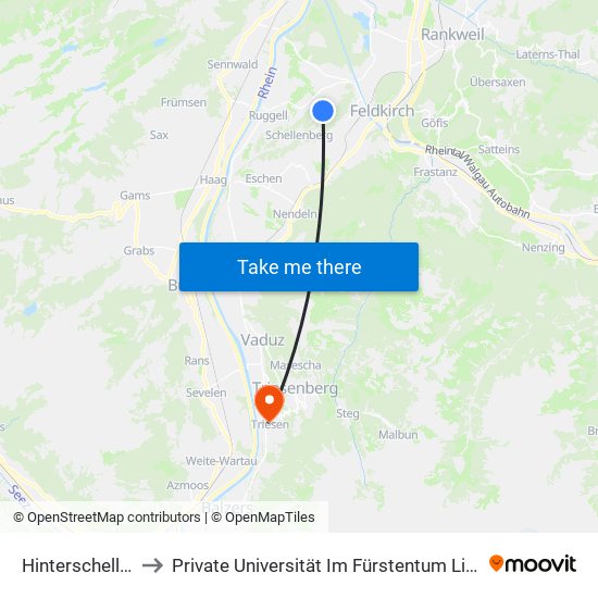Hinterschellenberg to Private Universität Im Fürstentum Liechtenstein (Ufl) map
