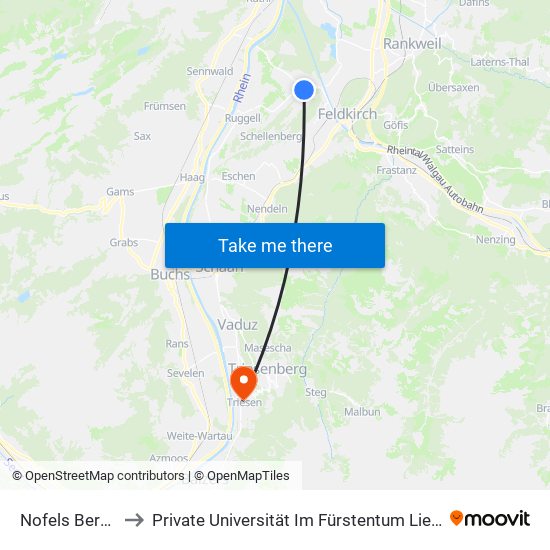 Nofels Bergäcker to Private Universität Im Fürstentum Liechtenstein (Ufl) map