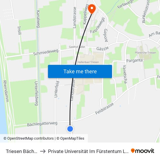 Triesen Bächlegatter to Private Universität Im Fürstentum Liechtenstein (Ufl) map